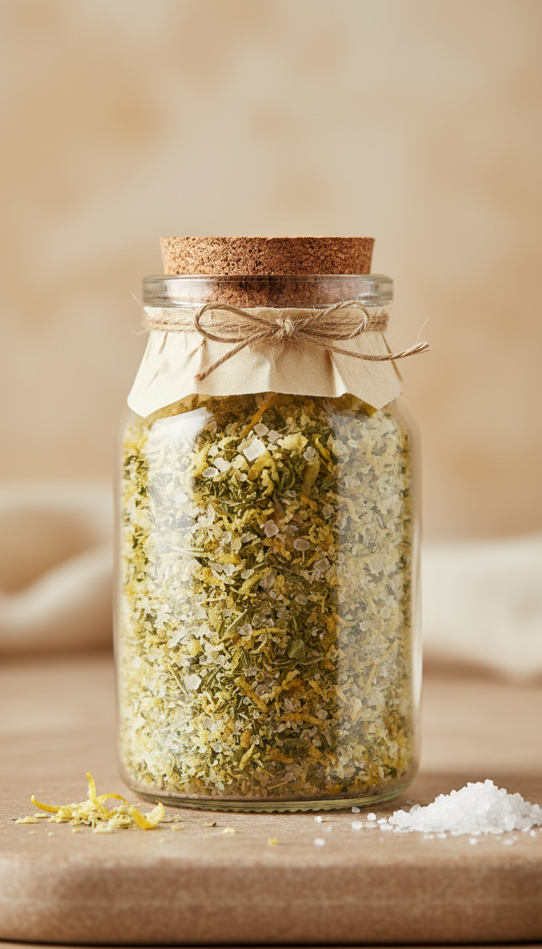 Lemon herb sea salt in glass jar